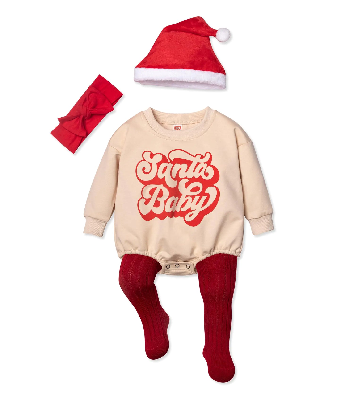 Abbence Cute Christmas Outfits for Baby Boys and Girls: Santa Baby Sweatshirt Oversized Sweater Romper with Socks Hats and Headband 9-12 Months Apricot