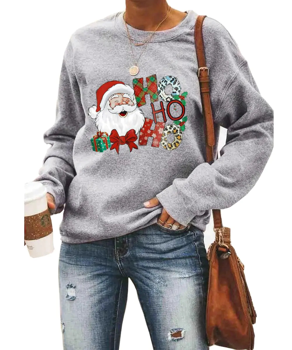 Barlver Womens Christmas Fleece Sweater Santa Claus Graphic Tees Holiday Xmas Oversized Pullover Tunic Shirts Grey/8137 XL