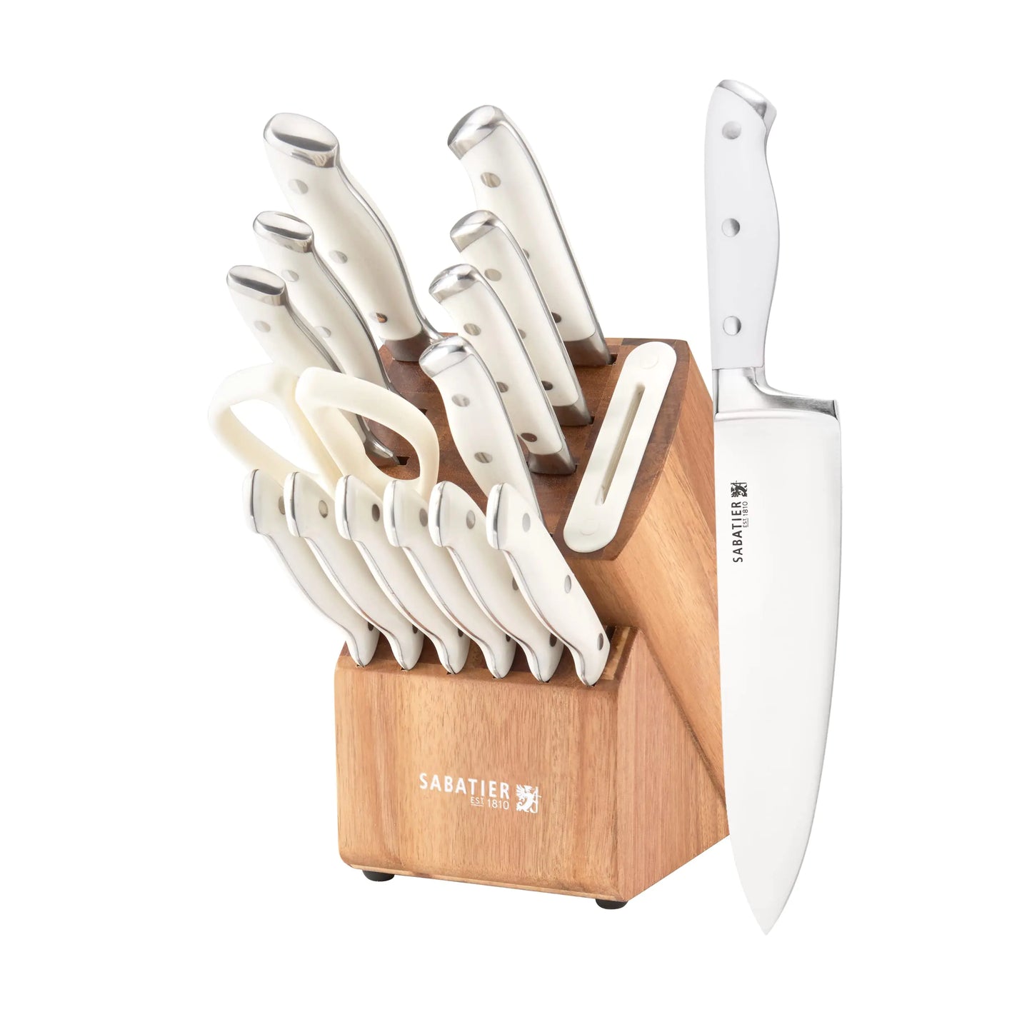 Sabatier 15-Piece Forged Triple Rivet Knife Block Set with Built-in Sharpener High-Carbon Stainless Steel Kitchen Knives Razor-Sharp Knife set with Acacia Block and Edgekeeper Technology White