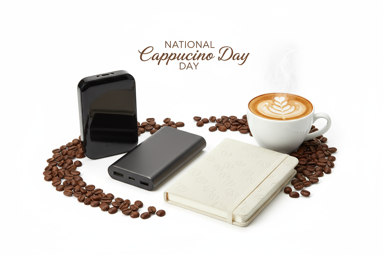 National Cappuccino Day Travel Bundle - WiFi Hotspot, Power Bank & Charging Notebook