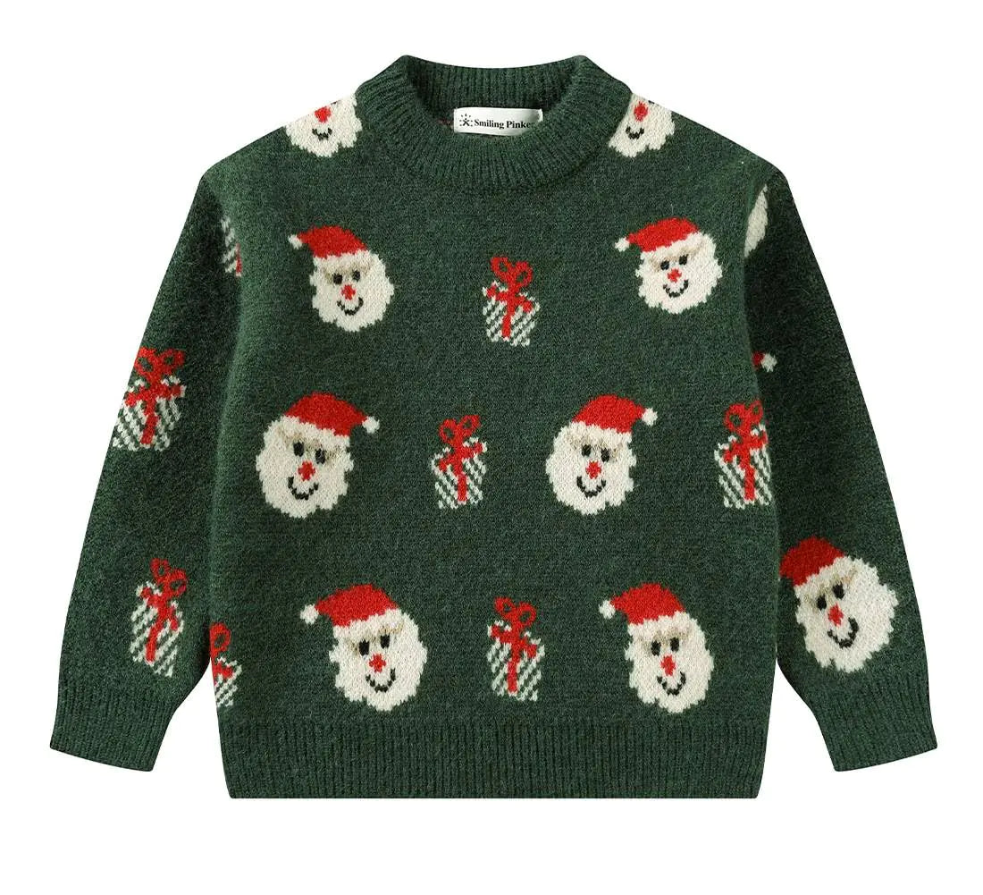 SMILING PINKER Little Girls Christmas Sweater Chunky Knitted Santa Reindeer Pullover Warm Winter Top(6 YearsDark Green)