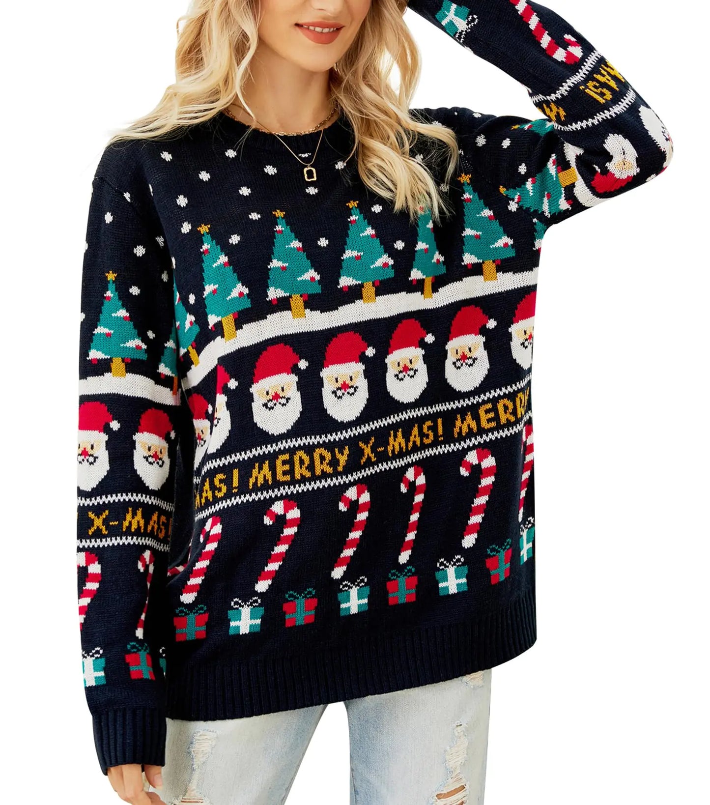 Womens Ugly Christmas Sweater Funny Xmas Santa Pullover Top Knit Casual Long Sleeve Sweater Santa Striped XL