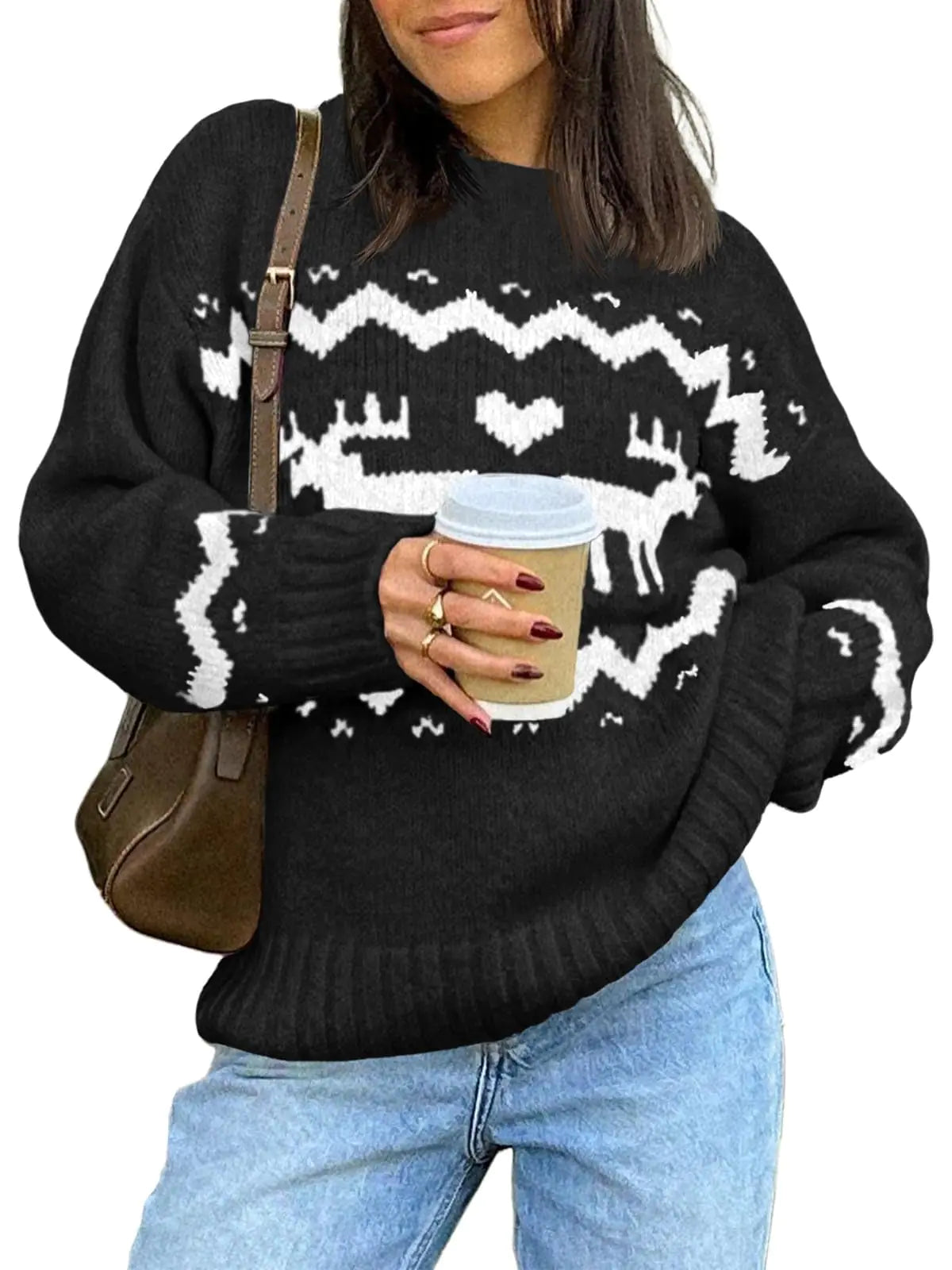 Saodimallsu Womens Oversized Christmas Sweaters Crewneck Chunky Reindeer Knit Long Sleeve Santa Xmas Pullover Sweater Black