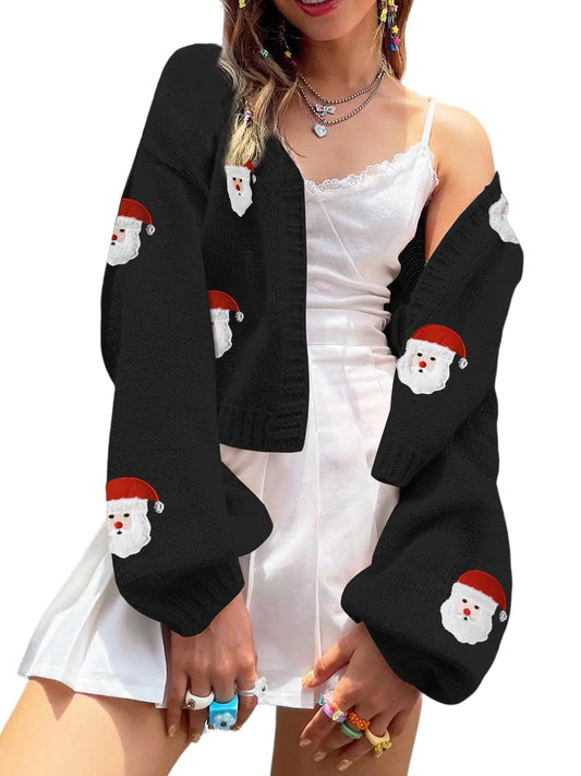 Womens Santa Cardigan Girl Christmas Sweater Outfit Embroidered Print Long Sleeve Open Front Y2K Cropped Knit 90s Aesthetic Cardigan Sweaters