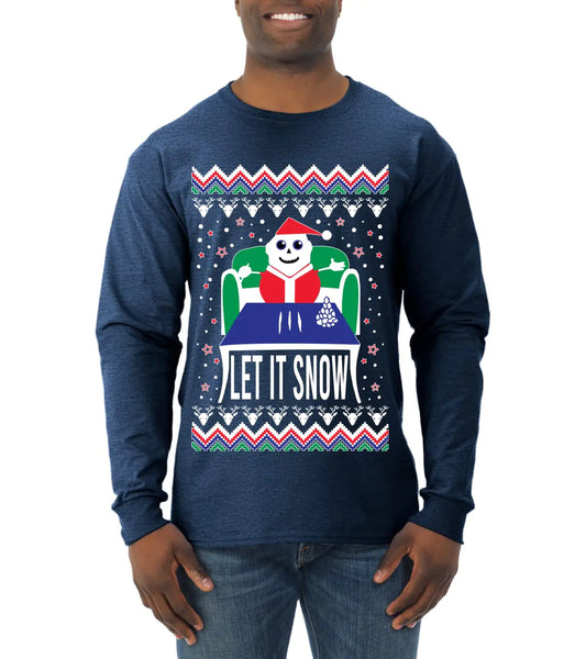 Wild Bobby Let It Snow Cocaine Santa Ugly Christmas Sweater Mens Long Sleeve Shirt Vintage Heather Navy Large