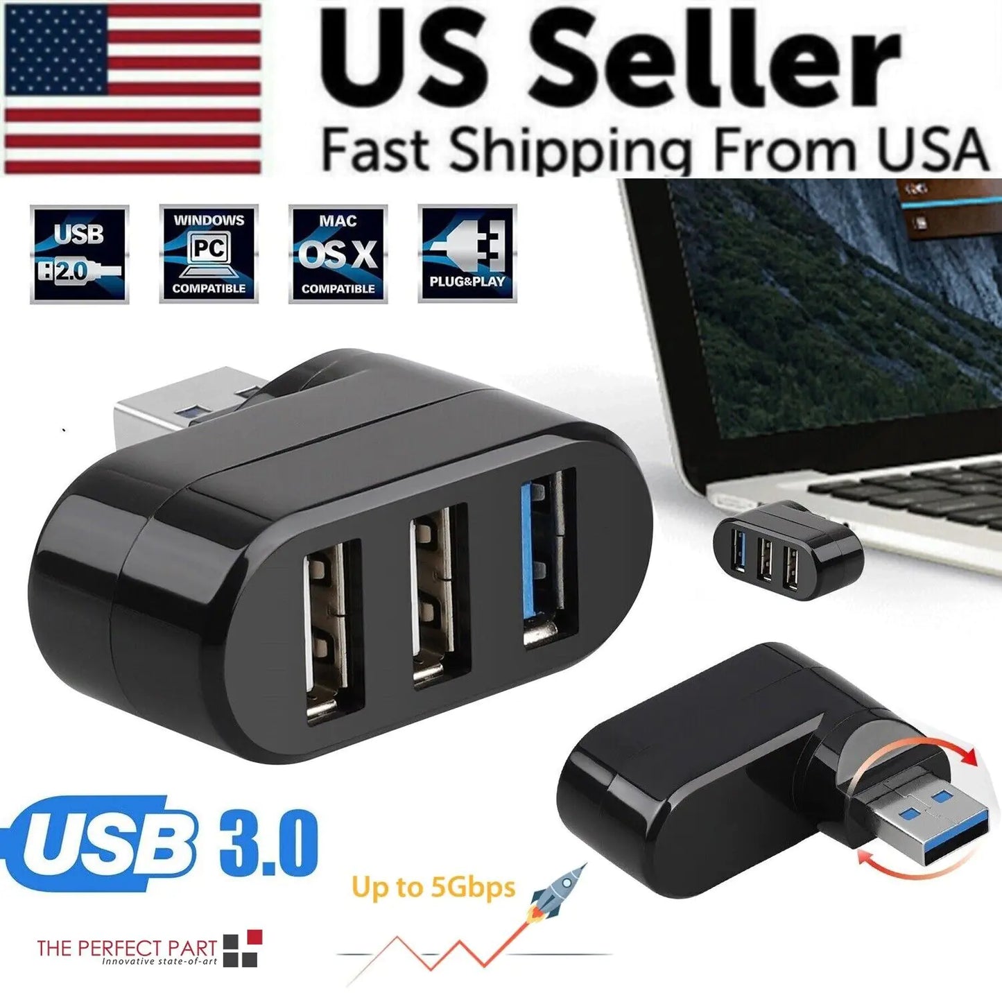 3-Port USB 3.0 Hub Splitter - Desktop & Laptop Adapter