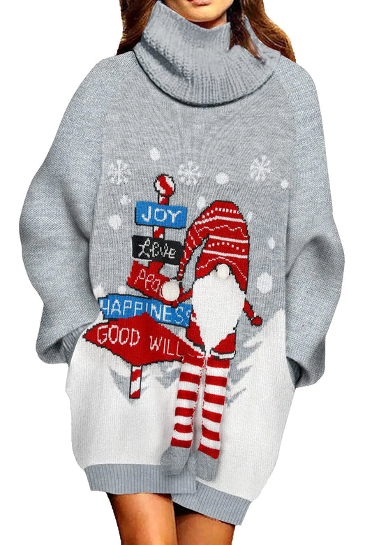 Pink Queen Women Baggy High Neck Santa Claus Snowflake Christmas Chunky Pullover Sweater Dress with Pockets Gray XL