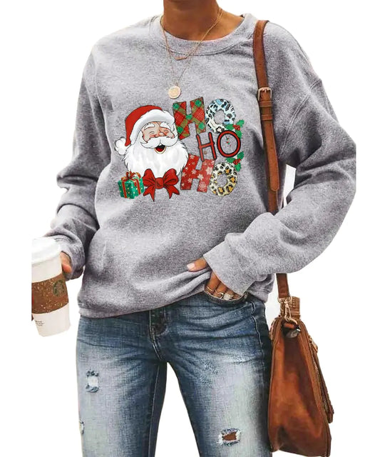 Barlver Womens Christmas Fleece Sweater Santa Claus Graphic Tees Holiday Xmas Oversized Pullover Tunic Shirts Grey/8137 XL
